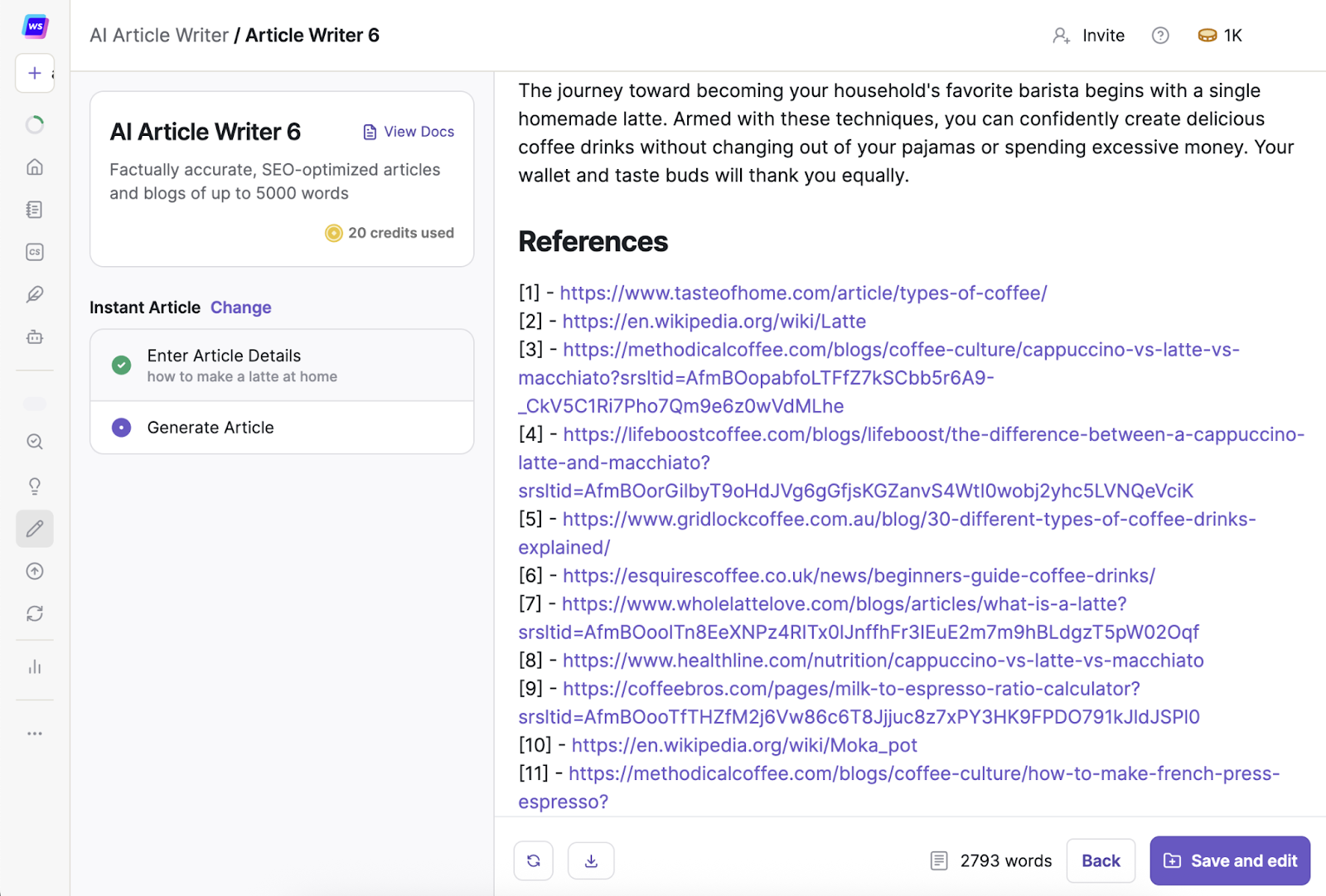 AI Article Writer tool shows generated text with references linked at the bottom.
