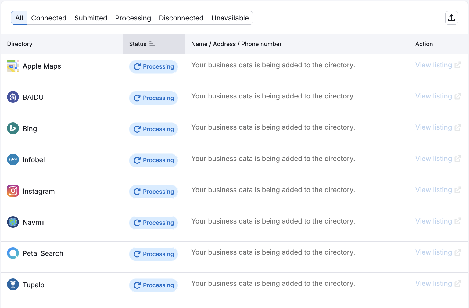 Directories are listed with their status and your NAP information.