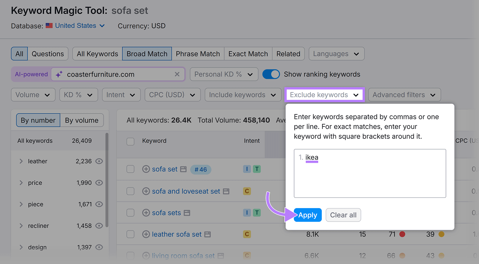 Exclude Keywords filter in Semrush Keyword Magic Tool with a keyword entered and Apply button highlighted.